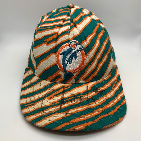 VTG 90s Zubaz Miami Dolphins Retro Logo Zebra Pattern Snapback Hat Autographed - Picture 1 of 16